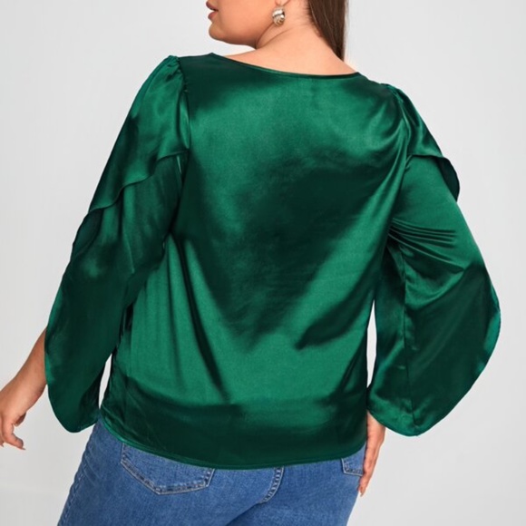 Plus Hunter Green Satin Top Office Work Party - Picture 3 of 5